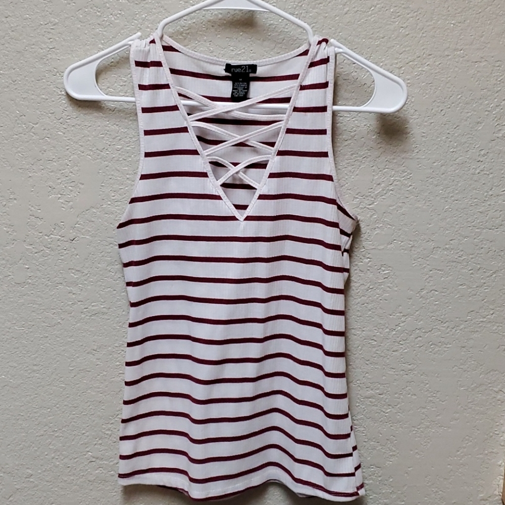 Rue21 Burgundy and white stripped tank top